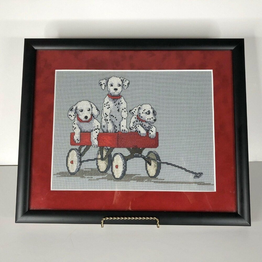 Dalmatian Express Cross Stitch Picture 3 Dogs in Red Wagon Completed Framed